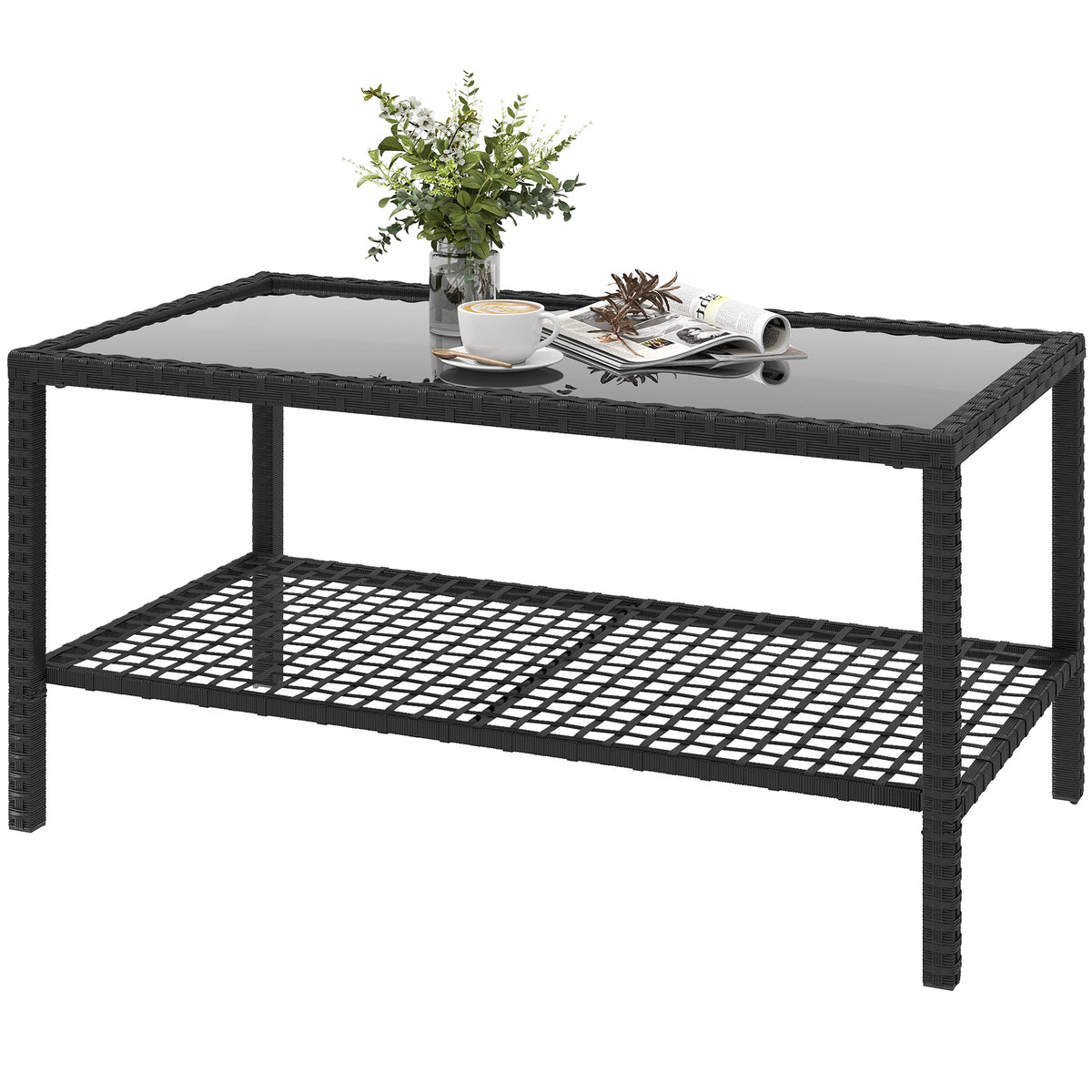 Rattan-Couchtisch, zweistufiger Outdoor-Tisch mit Ablagefach, gehärteter Glasplatte und Stahlrahmen, Schwarz