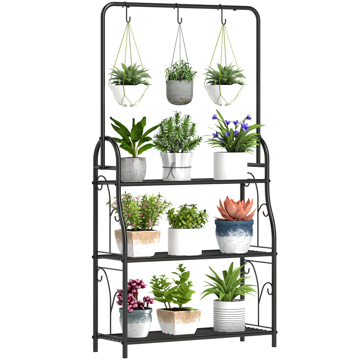 Blumenregal, 3-stufiges Pflanzenregal mit H?ngehaken, Metallregal f¨¹r Blument?pfe, Indoor- und Outdoor-tauglich, Schwarz