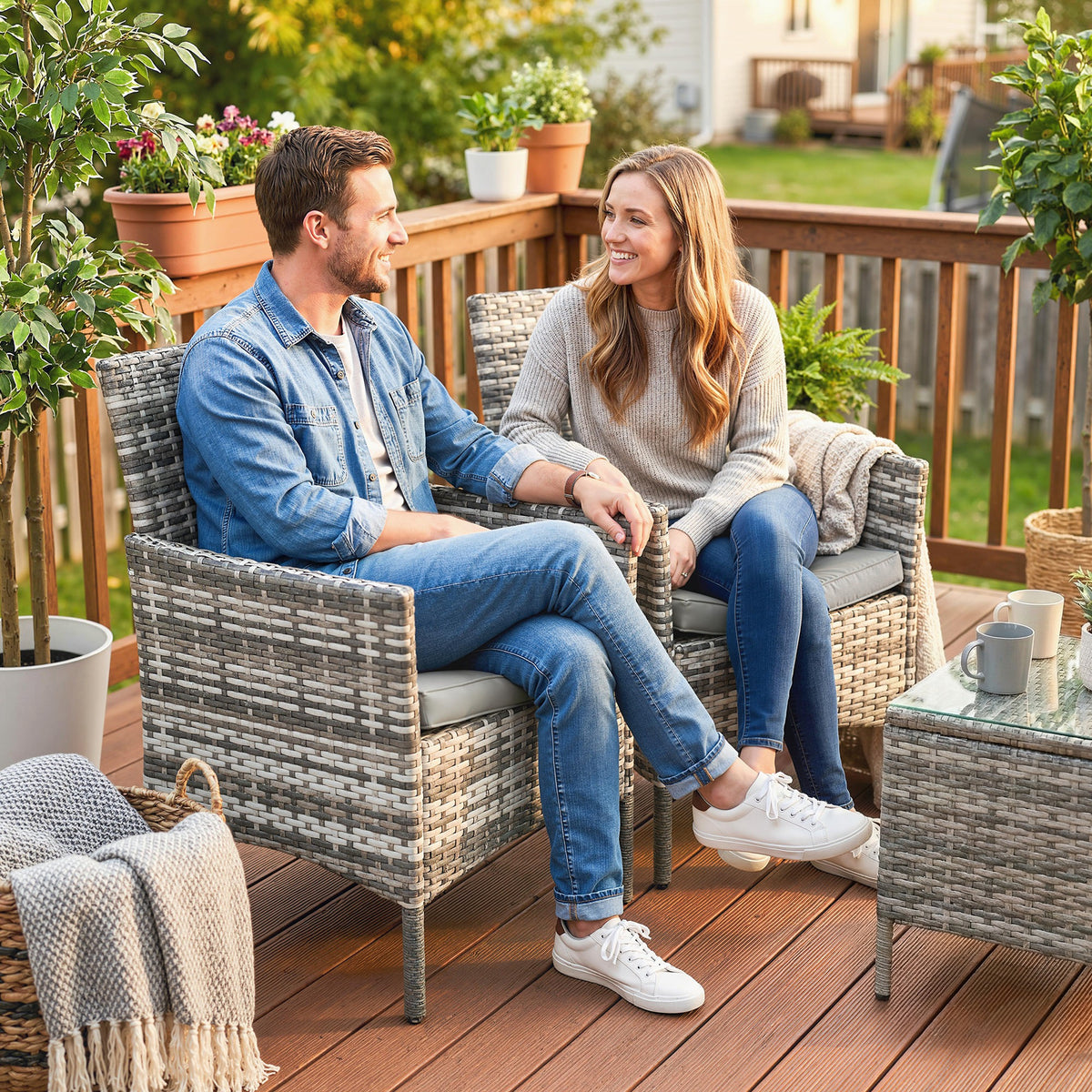 2er Set Gartenstuhl Polyrattan Gartenmöbel mit 2 Sessel Abnehmbaren Kissen Stahlrahmen Grau