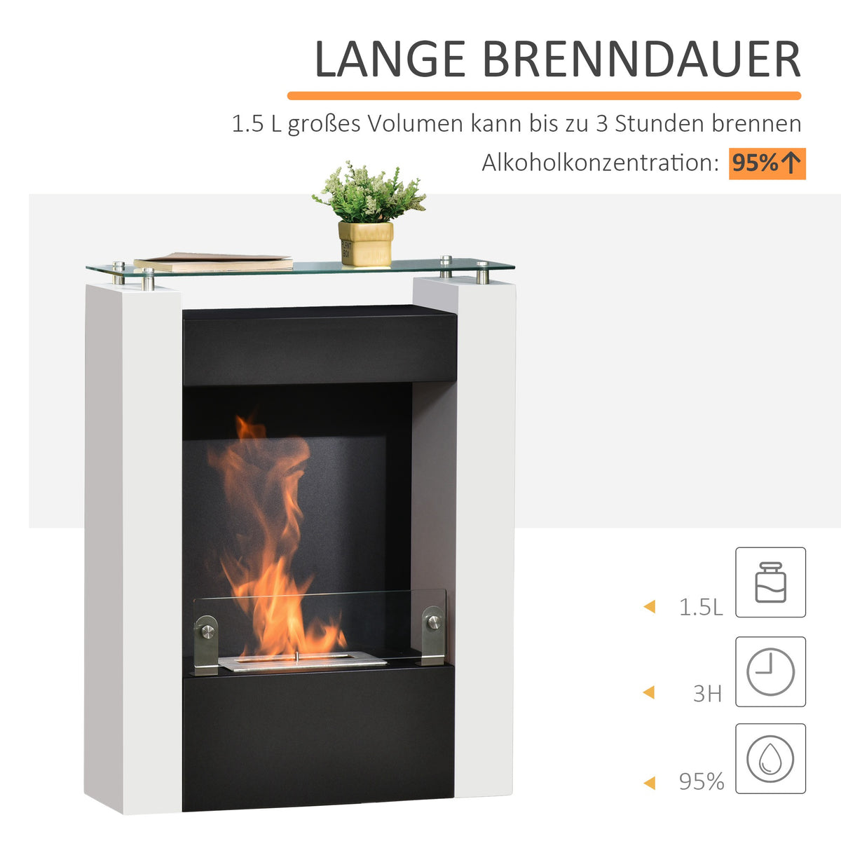 Ethanol-Kamin Bio-Ethanol-Brenner 1993W 1,5L 3 Std. Brenndauer kein Rauch frei stehend Stahl Edelstahl gehärtetes Glas Weiß+Schwarz 60 x 20 x 79 cm