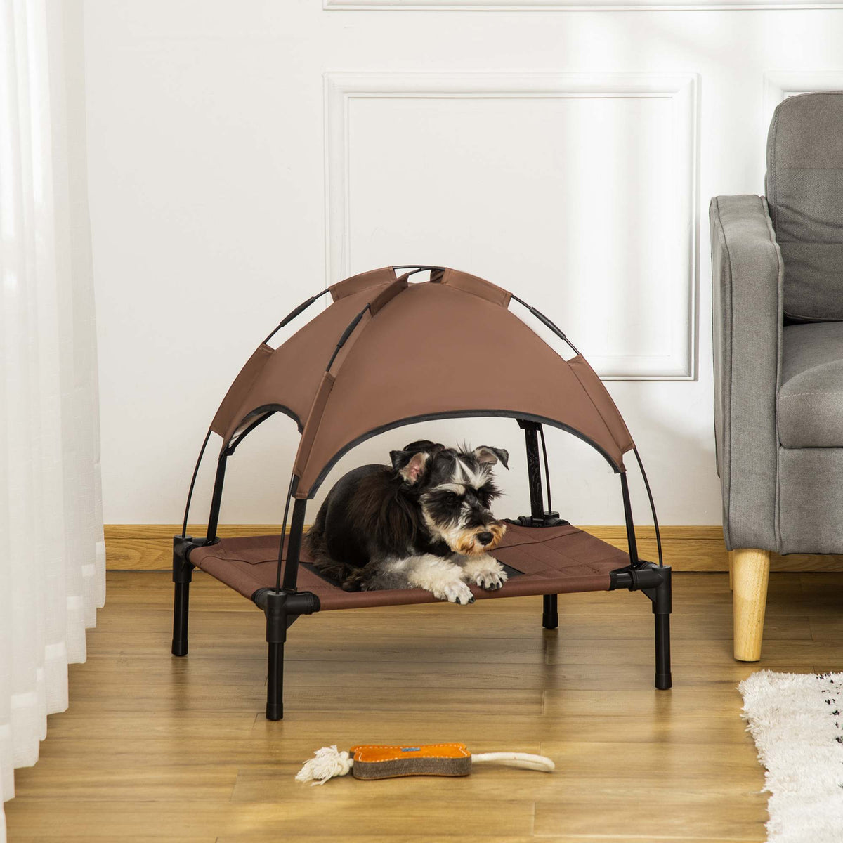 Haustierbett mit Baldachin, klappbar, Hundeliege, Outdoor-Hundebett, Mesh-Stoff, Braun + Schwarz