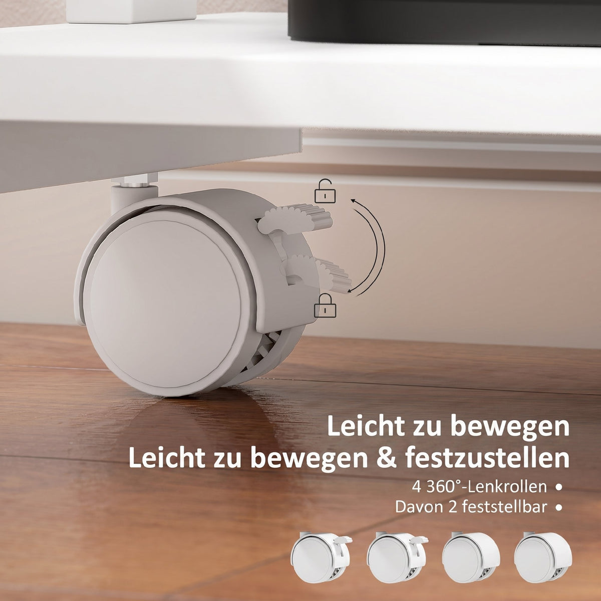 Roll-Schreibtisch mit Schublade und Regalen, 4 Räder, kompakt, Spanplatte, Metall