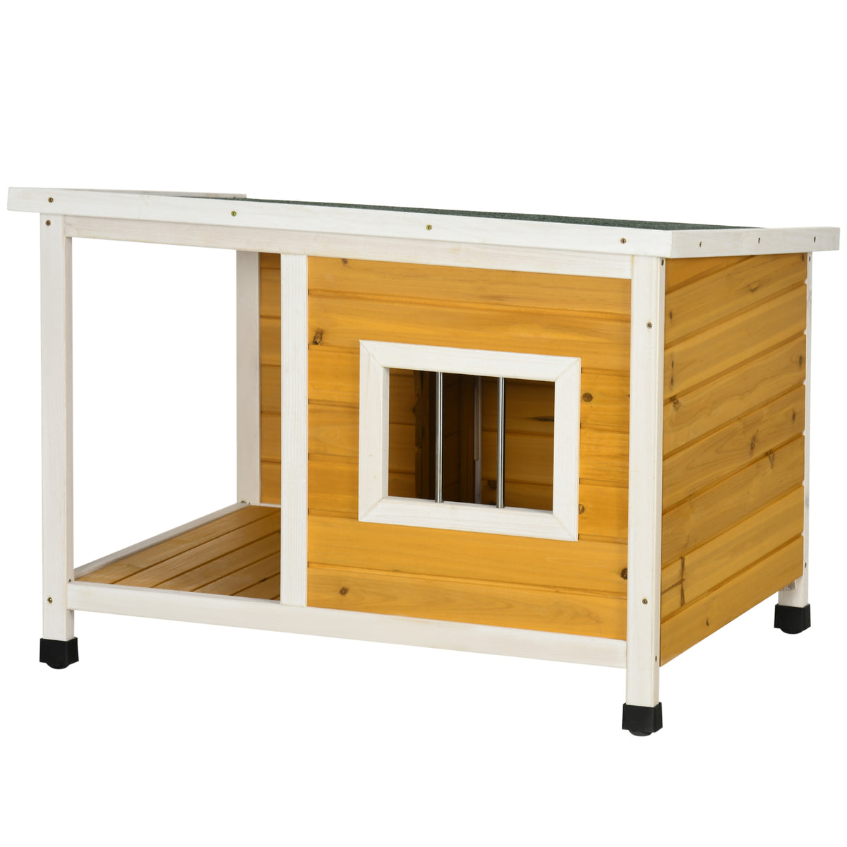 Hundehütte mit Veranda, aufklappbares Dach, Fenster, verstellbare Füße, Naturholz, orange, 85,5 x 62 x 60 cm