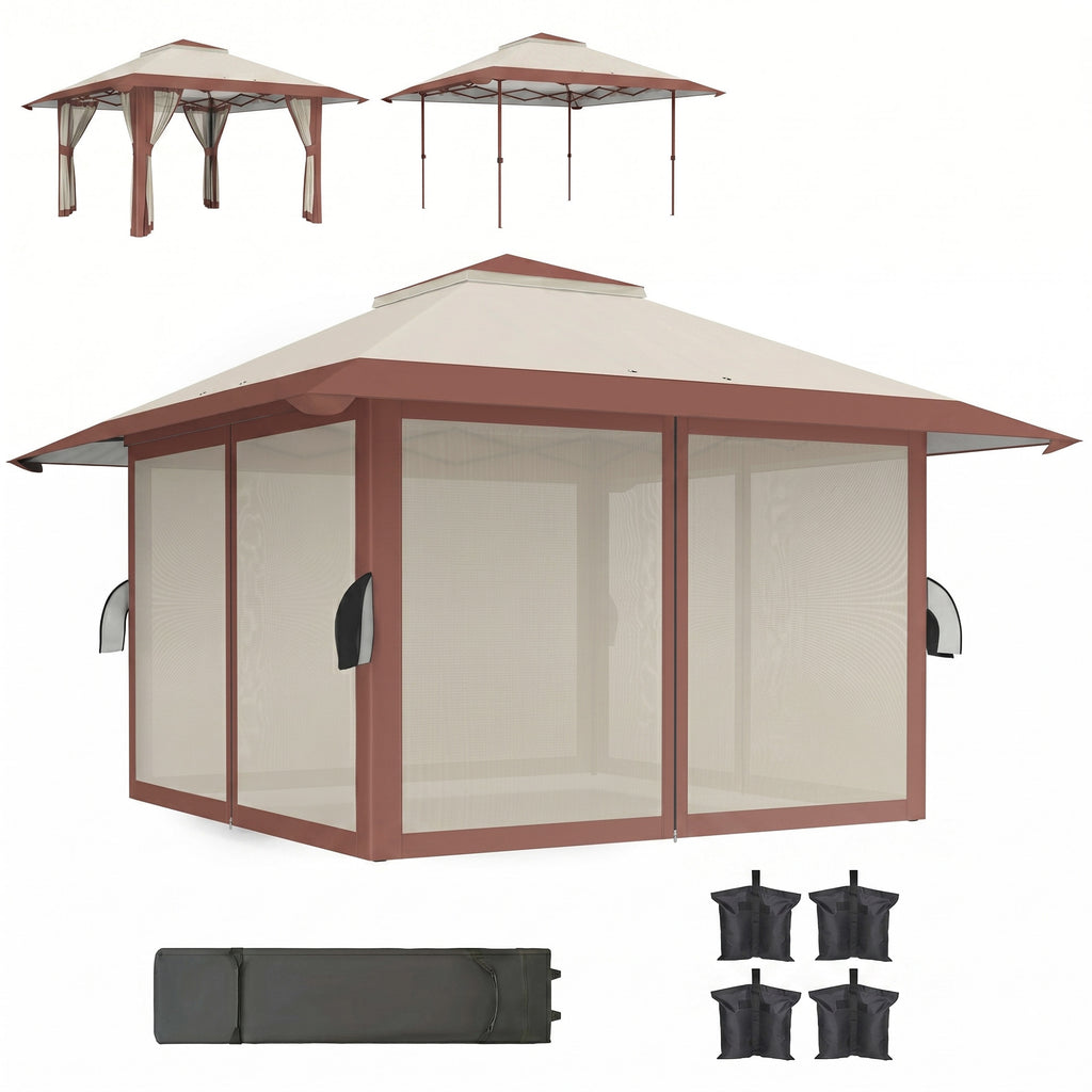 4 x 4 m Garten-Pavillon, Gartenzelt mit Netzwänden, UPF50+ Schutz, Höhenverstellbares Partyzelt, Beige