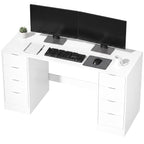 Schreibtisch 140 cm mit 8 Schubladen, moderner Bürotisch mit Stauraum, weiße Holzoptik