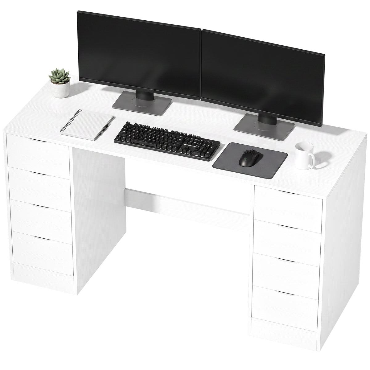 Schreibtisch 140 cm mit 8 Schubladen, moderner Bürotisch mit Stauraum, weiße Holzoptik