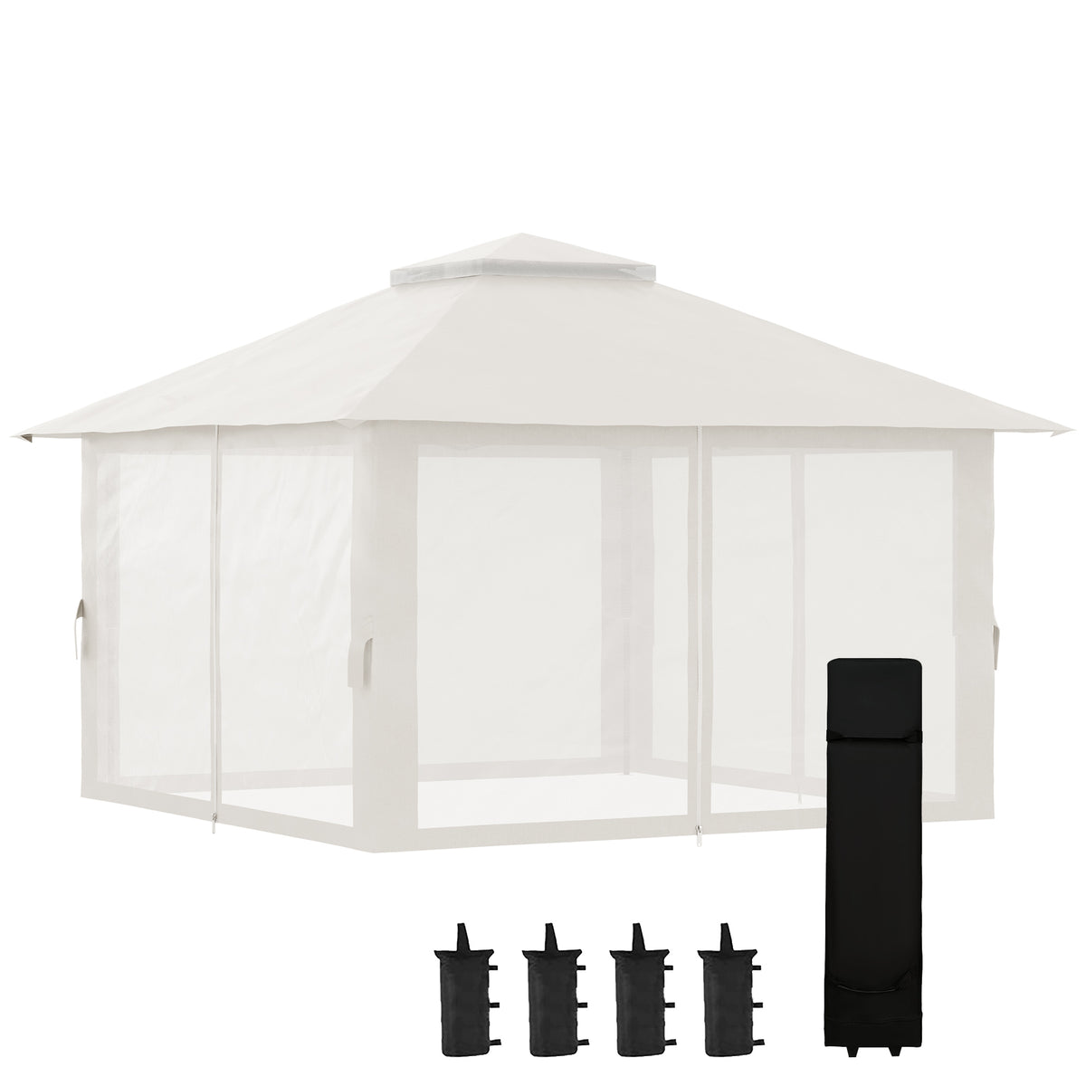 Faltpavillon, höhenverstellbar, 4 Netzwände, Lüftungsdach, Tragetasche, Schnellaufbau, 4 x 4 x 3 m, Cremeweiß