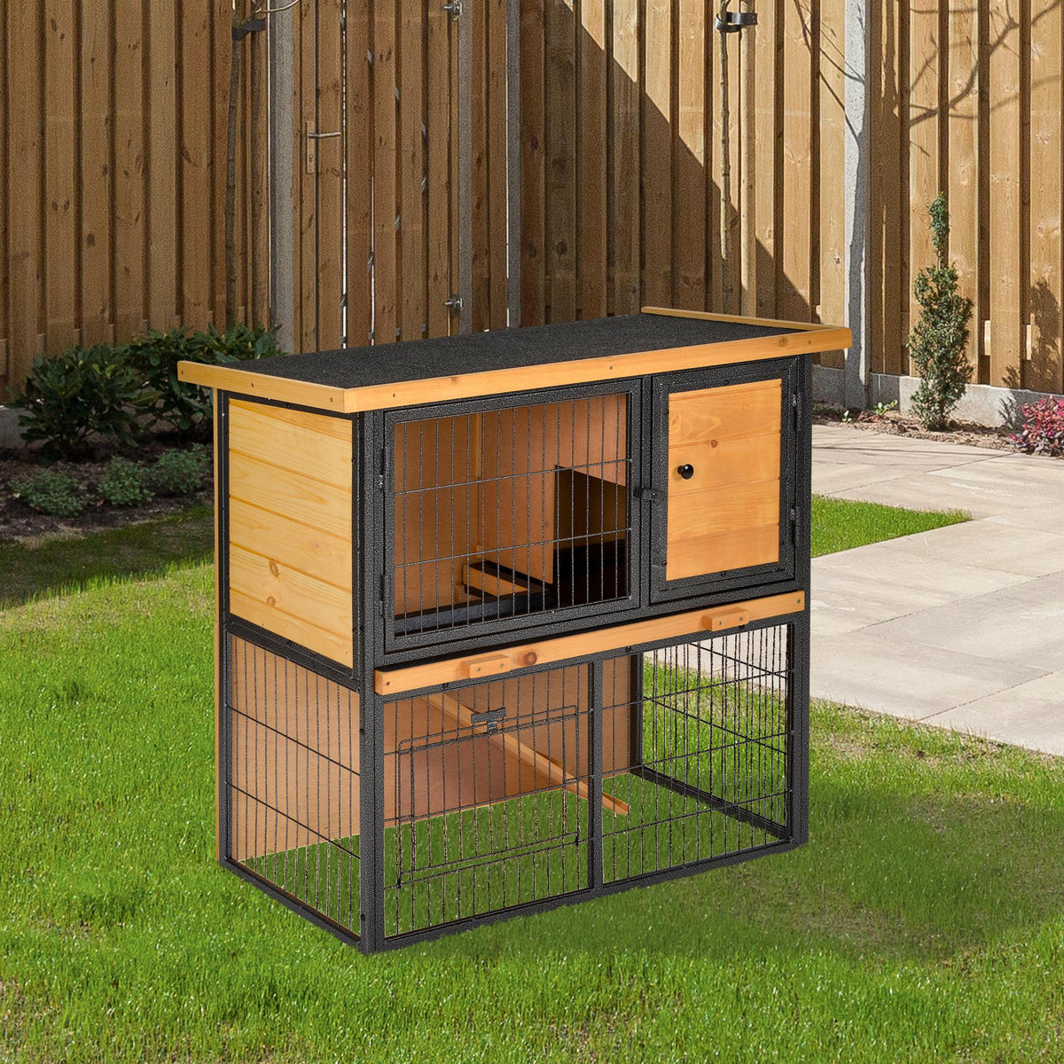  Guinea Pig Hutch Rabbit Hutch Wood-metal Elevated Pet House Bunny Cage with No-Leak Tray Ramp Openable Roof Outdoor 89.5 x 45 x 81cm Light Yellow