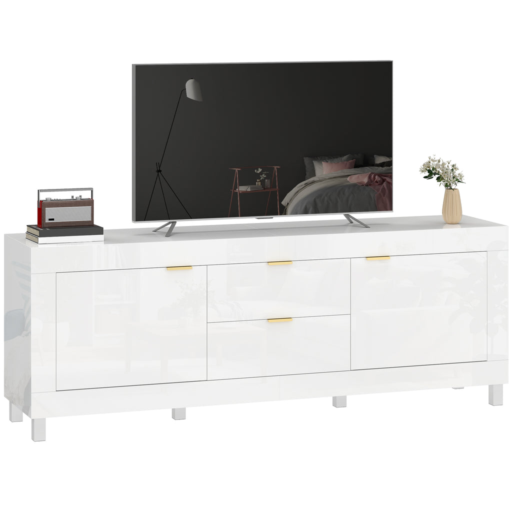 TV-Schrank für Fernseher bis zu 75 Zoll, modernes Entertainment-Center mit 2 Schränken und 2 Schubladen, Hochglanz Weiß