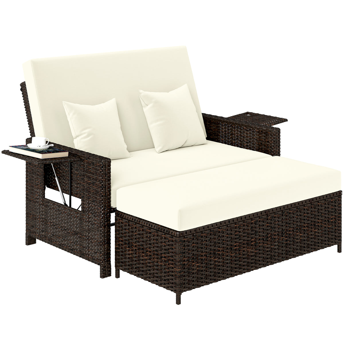 Gartensofa mit Liegefunktion, ausfahrbare Fußbank mit Stauraum, Sitzkissen, braun+creme, 130 x 72 x 96 cm