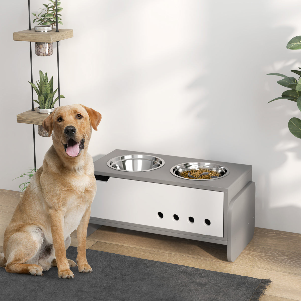3 Height Adjustable Raised Dog Bowls, Dog Feeding Storage Station w/ Slow Feeder Mat, 2 Stainless Steel Bowls