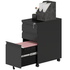 3-Drawer Steel Filing Cabinet with Lock and Wheels - Black