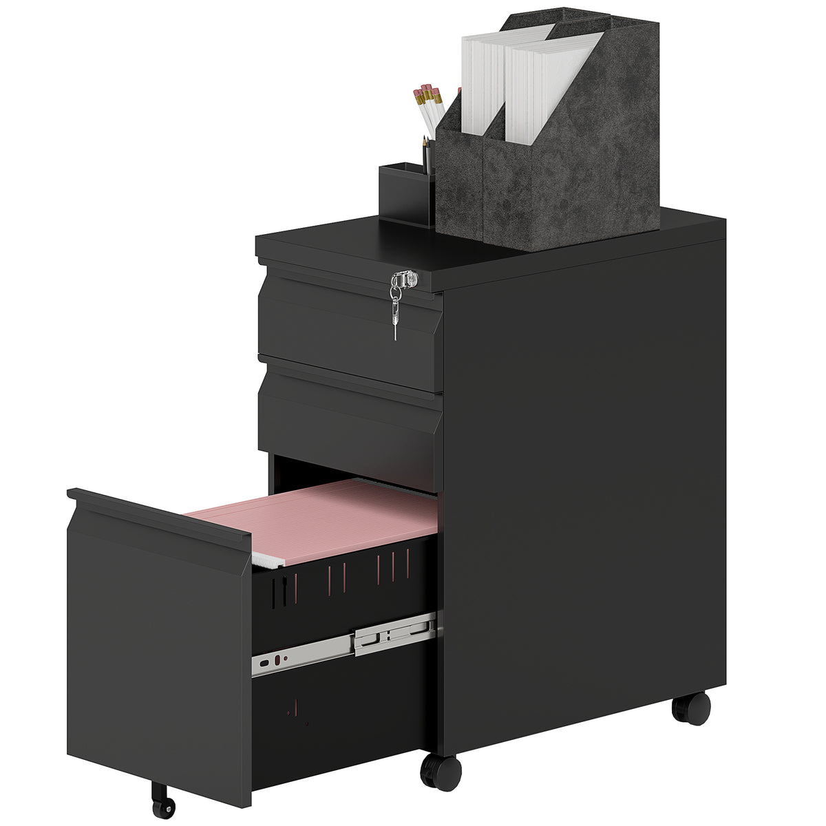 3-Drawer Steel Filing Cabinet with Lock and Wheels - Black