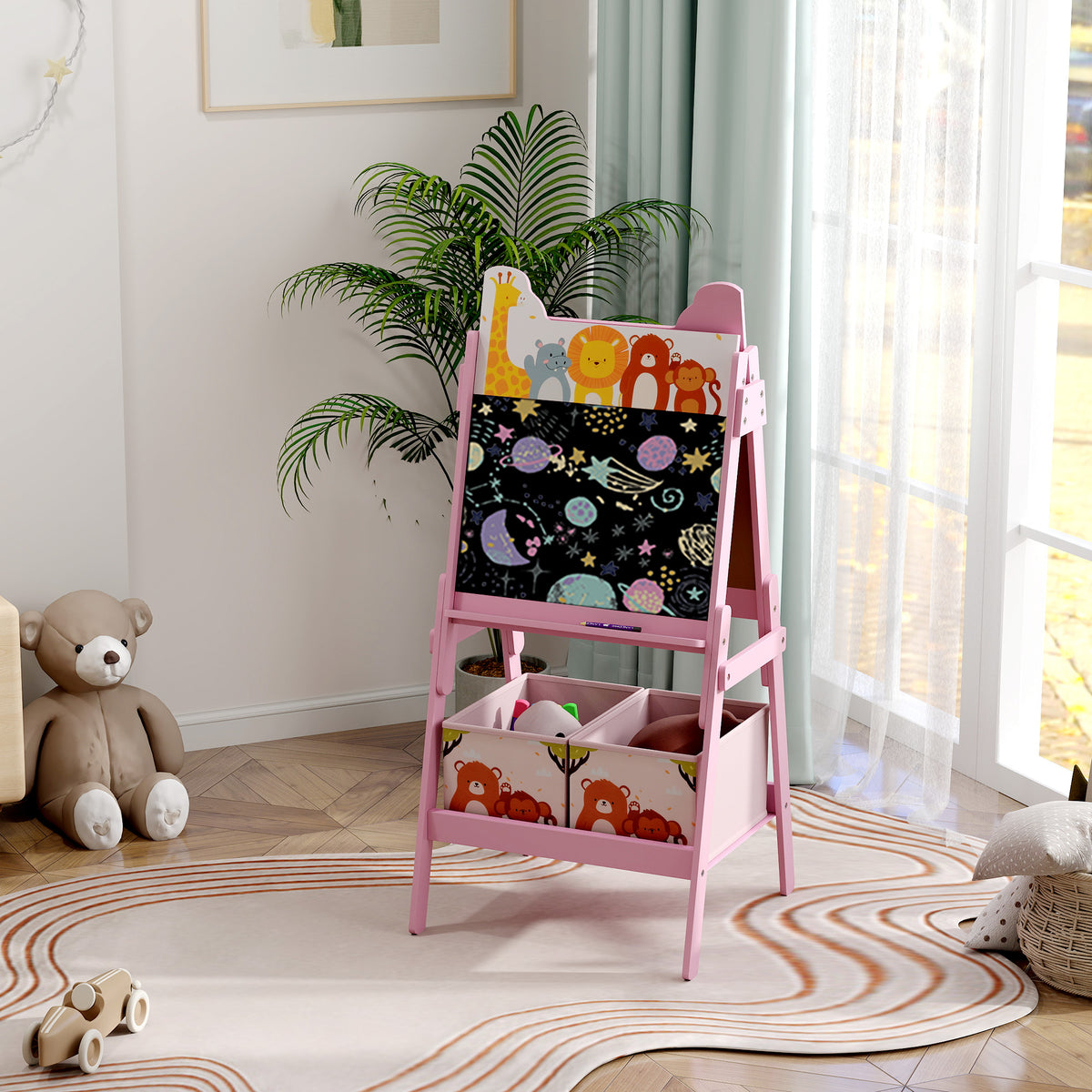 2 in 1 Kids Easel with Whiteboard, Chalkboard, Storage Boxes, for Ages 3-8 Years, Pink