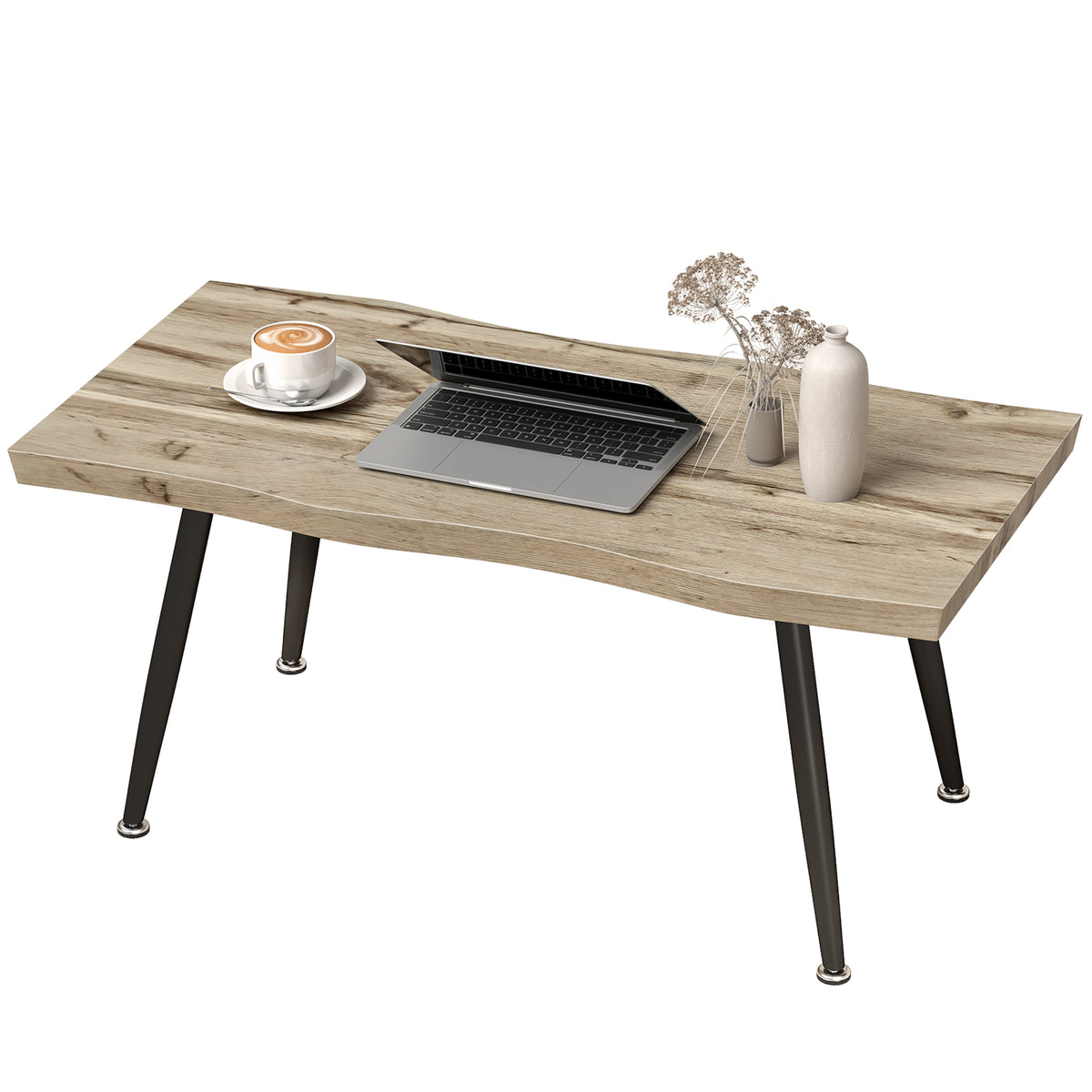 Couchtisch Beistelltisch mit Stahlbeine, 4 cm dicker Tischplatte Wohnzimmertisch 100 x 50 x 45 cm Eiche+Schwarz