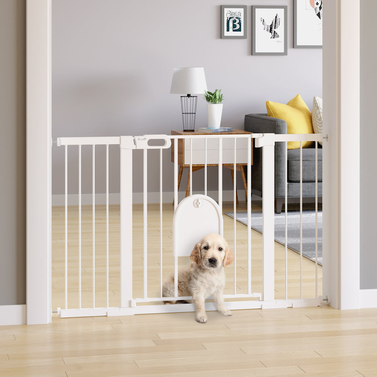 Türschutzgitter Treppenschutzgitter Hunde Absperrgitter Schutzgitter für Haustier Hundegitter Klemmbefestigung Stahl Weiß 75-131 x 76 cm
