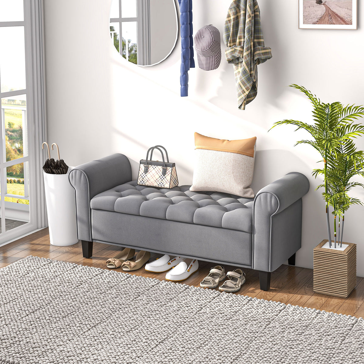 Sitzbank Polsterbank Bettbank, Knopfheftung, Samtoptik, 126 cm x 48,5 cm x 57 cm, Grau
