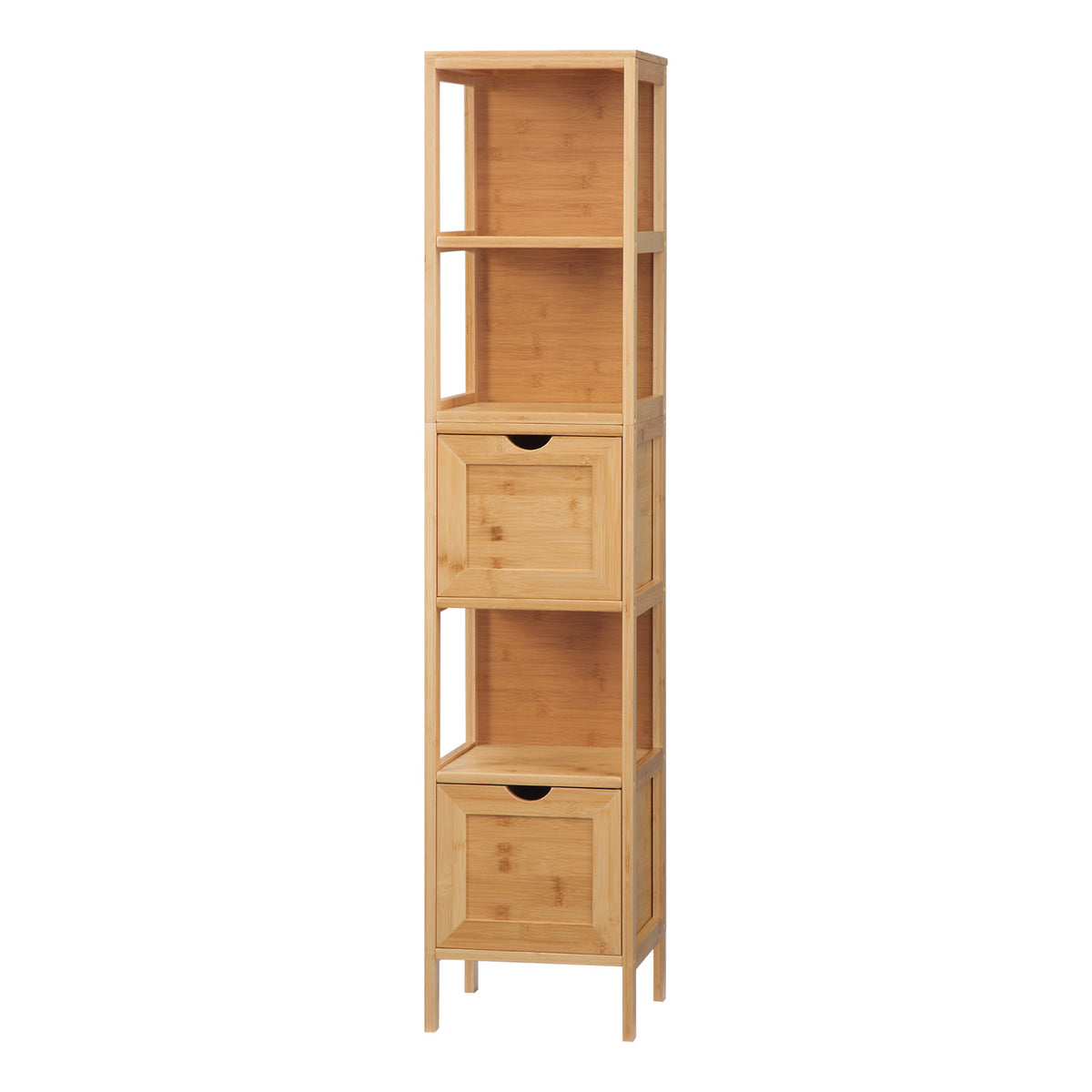 Badezimmerschrank, 3 Regale, 2 Schubladen, Bambus, 30?cm x 30 cm x 140 cm, Natur