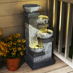 85 cm Outdoor-Brunnen, 4-stufiger Zierbrunnen, künstlicher Wasserfall mit LED-Beleuchtung und Pumpe, Grau