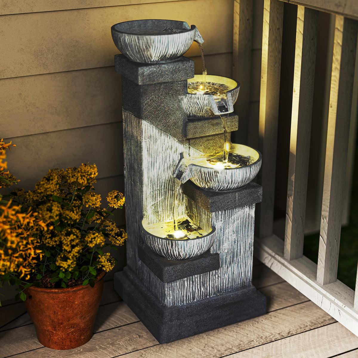 85 cm Outdoor-Brunnen, 4-stufiger Zierbrunnen, künstlicher Wasserfall mit LED-Beleuchtung und Pumpe, Grau