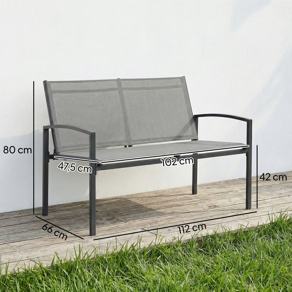 Metal Garden Bench, 2 Seater Outdoor Furniture Seating with Breathable Texteline Fabric, Park Patio Seat, Grey
