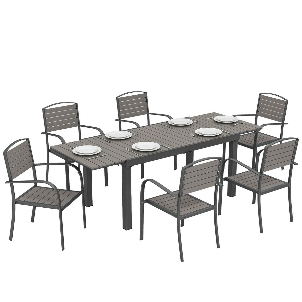 Gartenmöbel Set Sitzgruppe 7-teilig Ausziehbar Tisch mit 6 stapelbaren Stühlen Holzoptik Lamelldesign Aluminiumrahmen