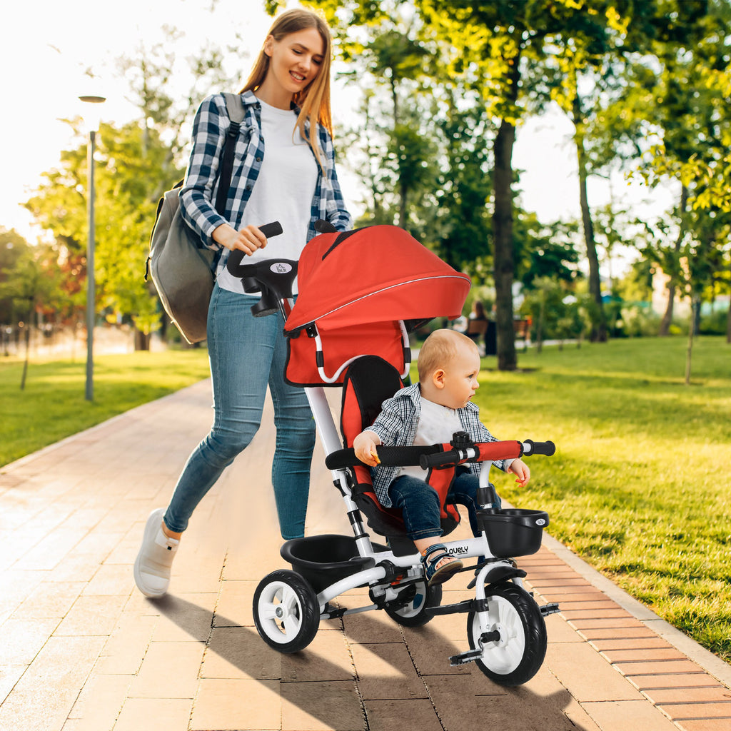 Metal Frame 6 in 1 Baby Push Tricycle with Parent Handle for 1-5 Years Old, Red