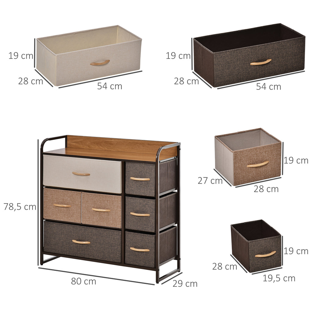 Kommode Schrank mit 7 Schubladen aus Leinen Schubladenschrank mit Metallrahmen für Wohnzimmer, 80x29x78,5 cm