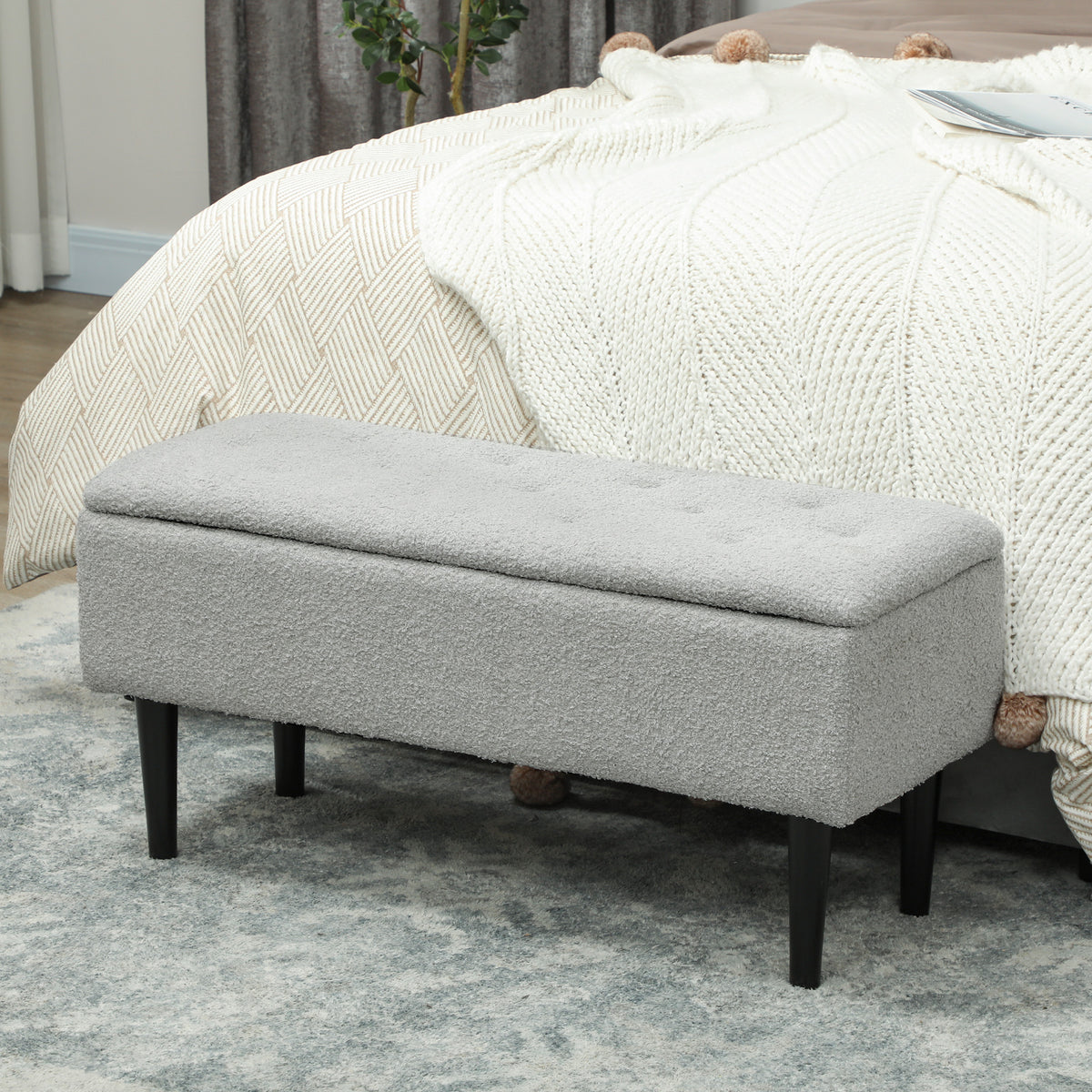 Sitztruhe, Sitzbank mit Stauraum, bis 120kg, Samtoptik, 95x38x45cm, Grau