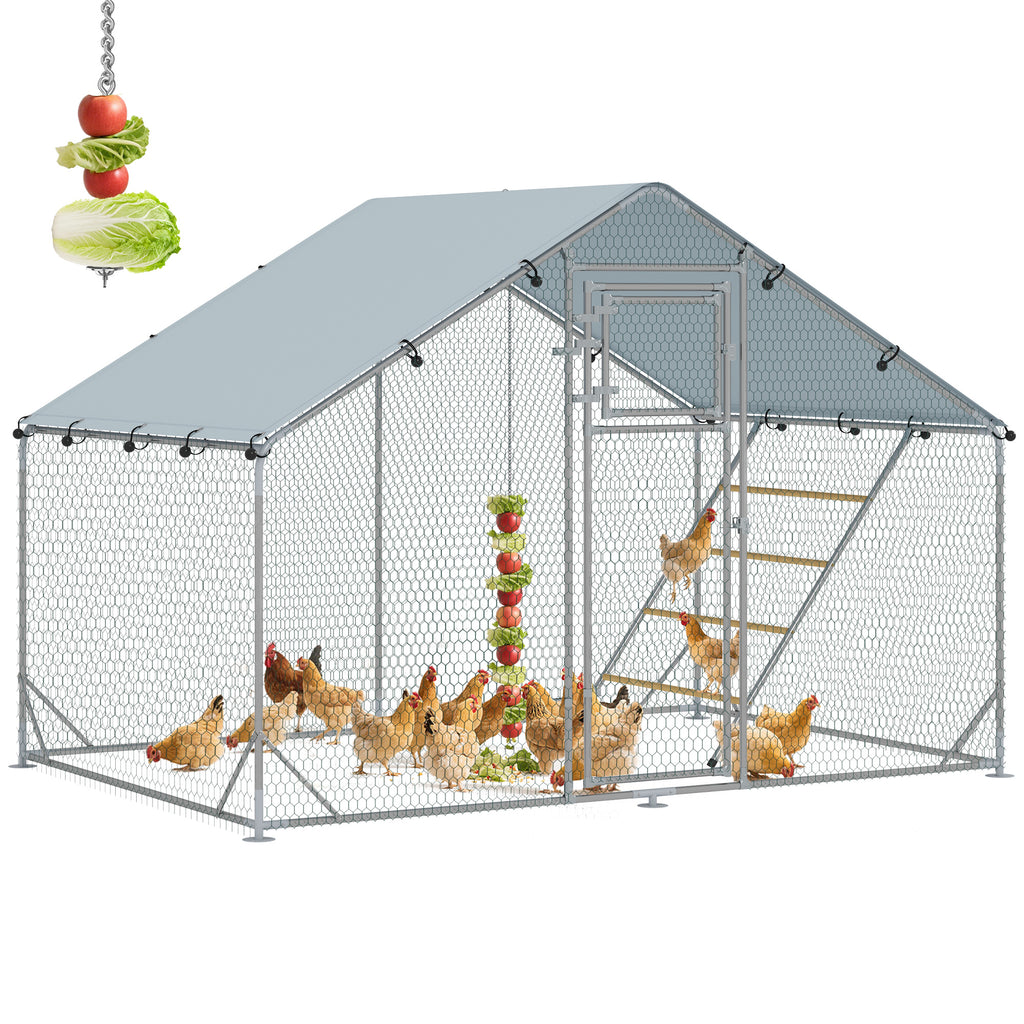 Walk-in Chicken Run w/ Cover, Feeding Door, Hanging Feeder, Perch, for 6-8 Poultry