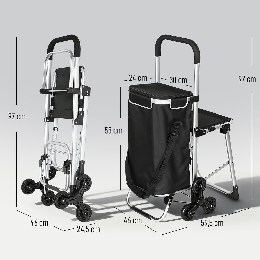 Einkaufstrolley, 40 L Oxford-Tasche, 3-Rad-Design, Aluminiumrahmen, Sitz, Grau