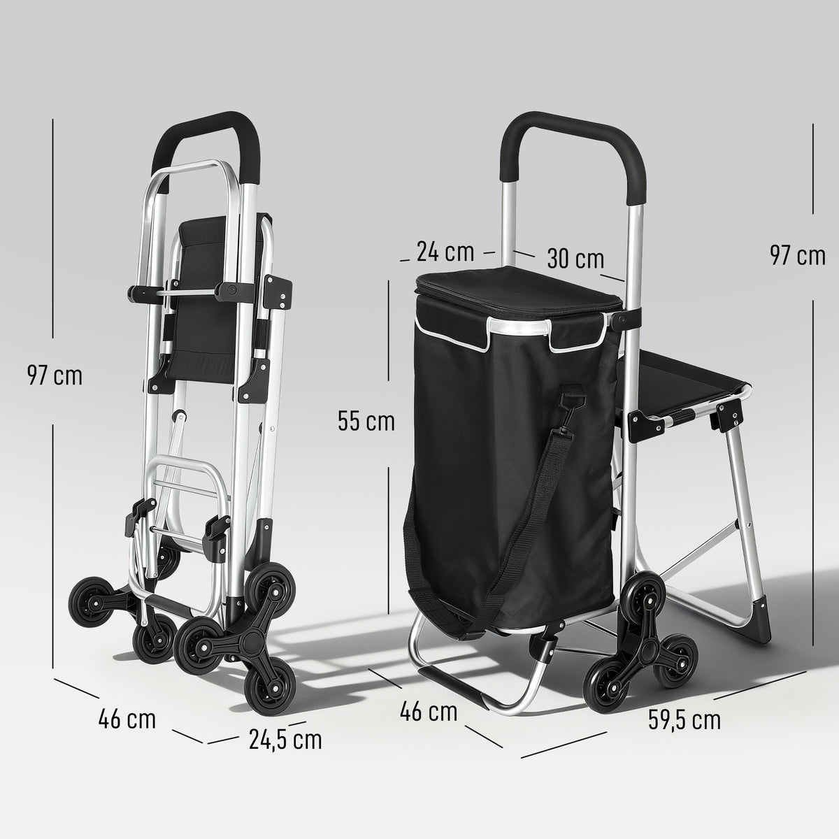 Einkaufstrolley, 40 L Oxford-Tasche, 3-Rad-Design, Aluminiumrahmen, Sitz, Grau