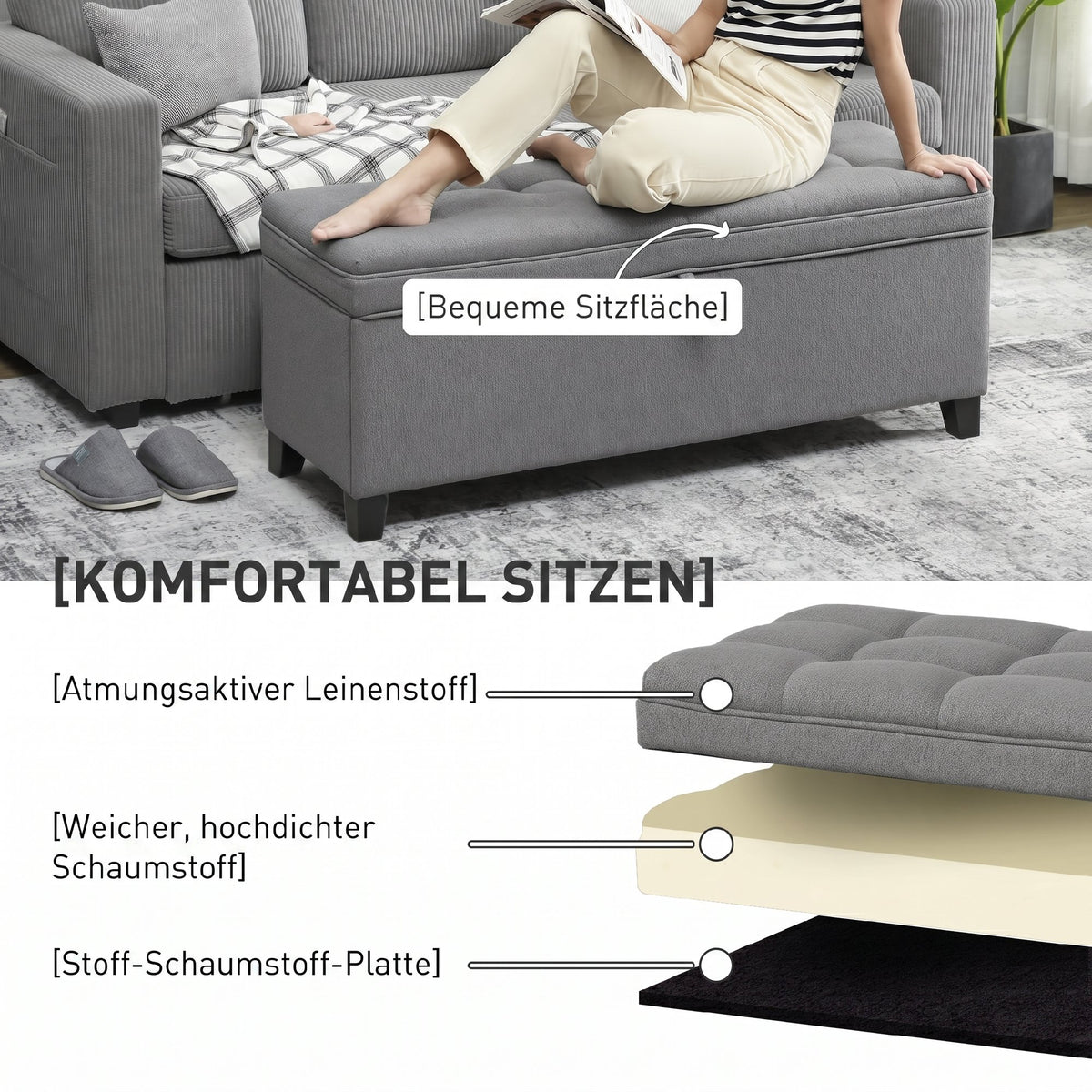 Sitzbank mit Stauraum, Polsterbank 120x40x48 cm mit Sicherheits-Scharniern, Leinenoptik, Dunkelgrau