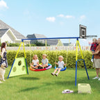 4-in-1 Kids Swing Set with Saucer Swing, Basketball Hoop and Football Goal, Outdoor Playground Playset for Garden