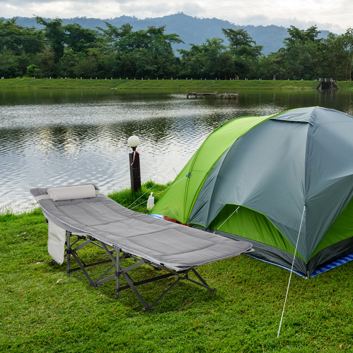 Feldbett faltbar Campingbett mit Matratze Tragetasche 188 x 64,5 x 53 cm Gästebett bis 150 kg belastbar Campingliege für Erwachsene Klappbett für Outdoor Garten Camping Reisen Hellgrau