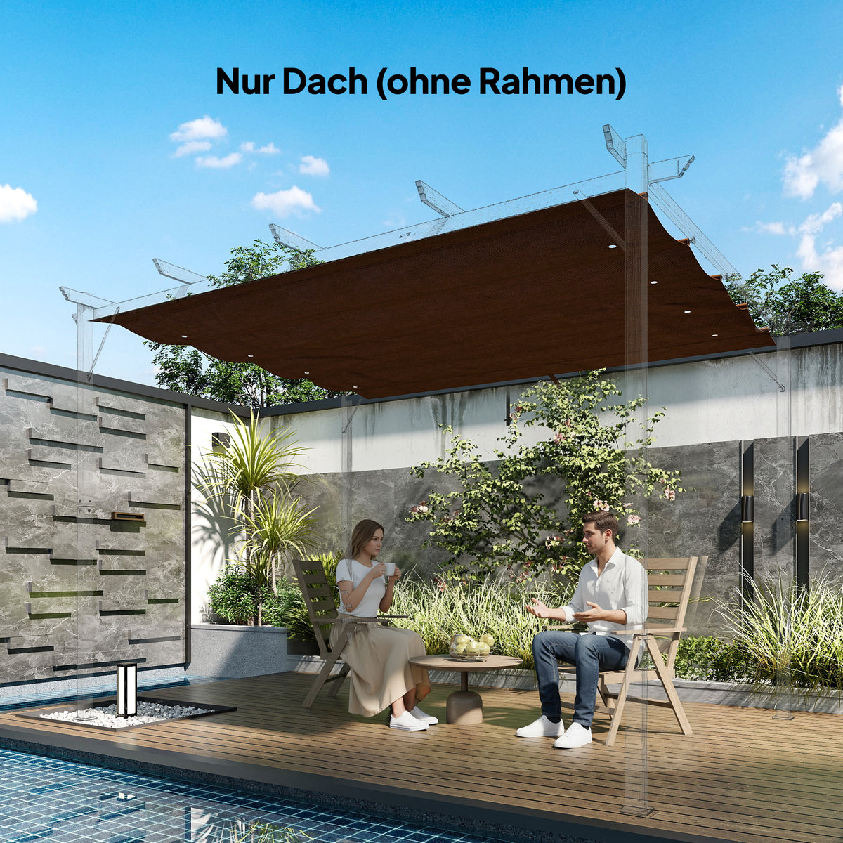 Pergola Cover Roof, 2.86 x 2.45 m Retractable Sun Shade Top for 3 x 2m Pergola Frame, UV30+ Protected, Coffee