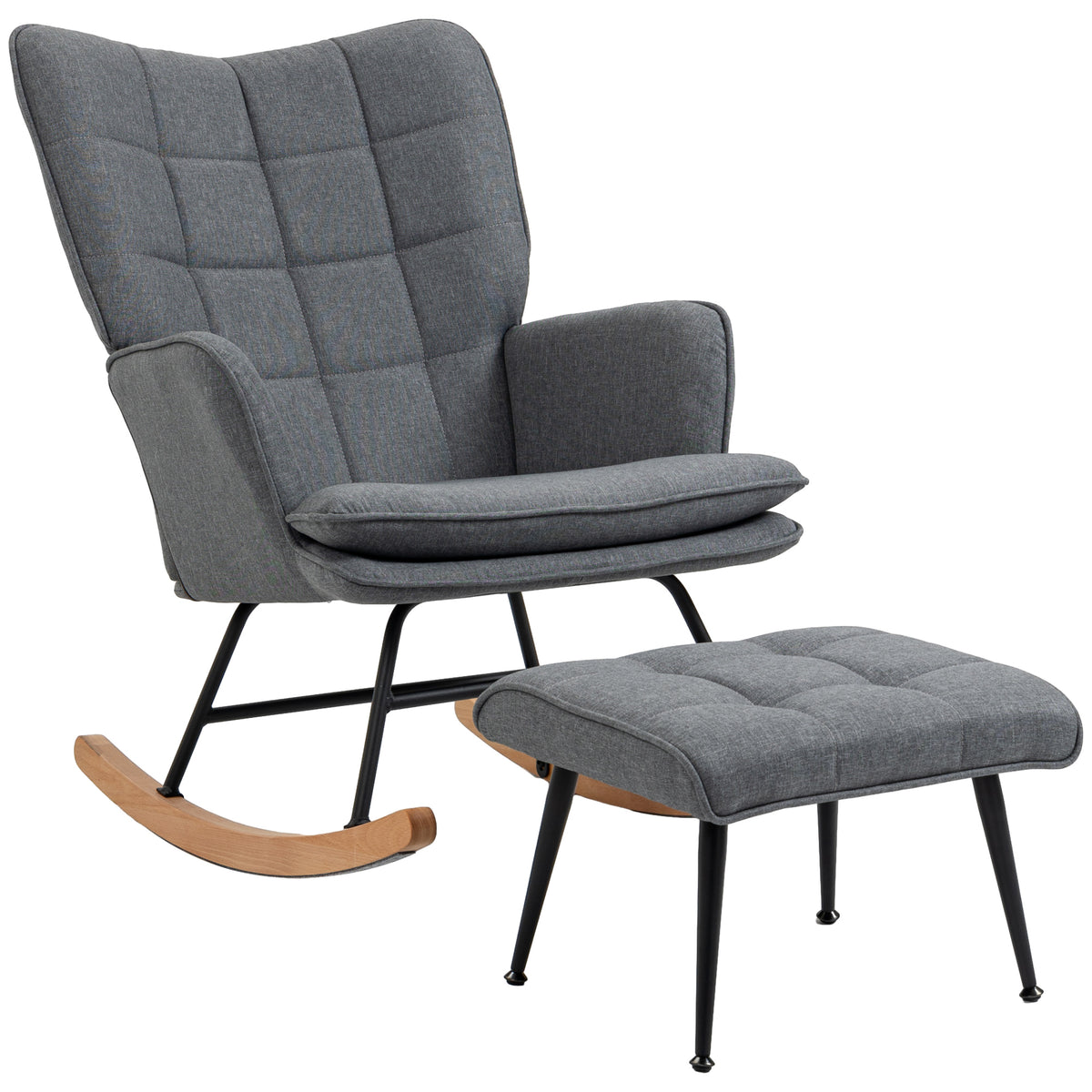 Schaukelstuhl mit Hocker, komfortabel, bis 130 kg, Leinenoptik, 64x89x90cm, Grau