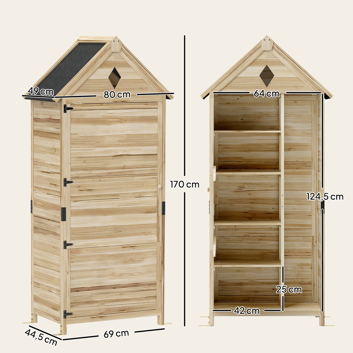 Gartenschuppen mit 4 Regalen, Lagerschuppen aus Holz, wasserdichtes Asphalt-Dach, 80 x 49 x 170 cm, Hellbraun
