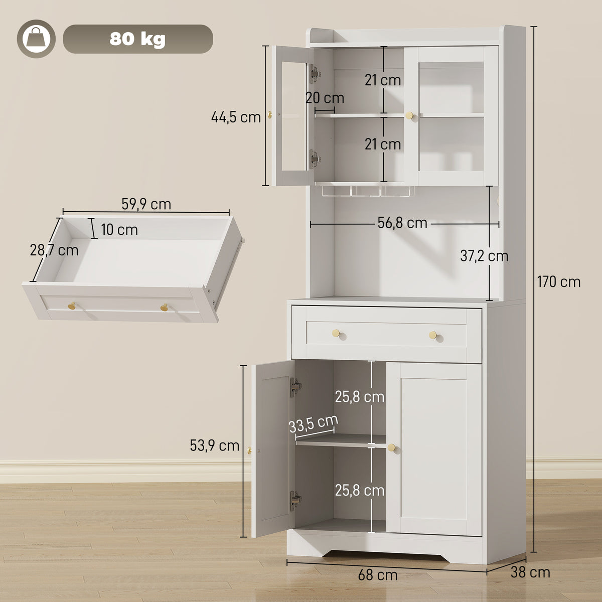 K¨¹chenschrank mit Arbeitsfl?che, Weinglashalter, Vorratsschrank f¨¹r K¨¹che, Esszimmer, 170 cm, MDF, Glas, Wei?