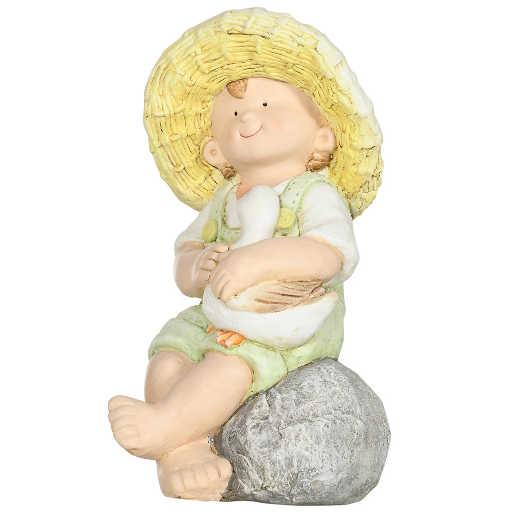 Gartenfigur "Kleiner Junge mit Strohhut", Gartendekoration, wetterbeständig, 23,5 cm x 25 cm x 43 cm