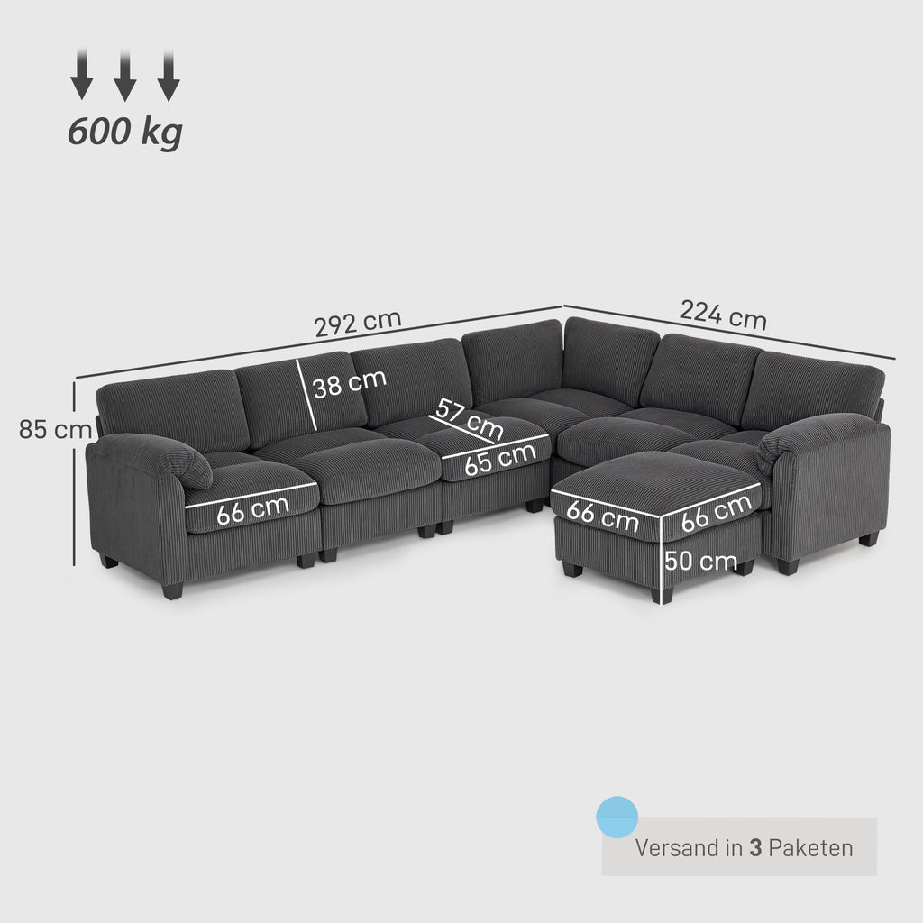 Ecksofa U-Form Sofa Couch mit Federpolsterung gepolsterte Armlehnen beweglicher Ottomane Cord 292x224x85 cm Dunkelgrau