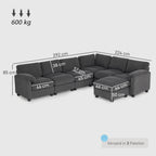 Ecksofa U-Form Sofa Couch mit Federpolsterung gepolsterte Armlehnen beweglicher Ottomane Cord 292x224x85 cm Dunkelgrau