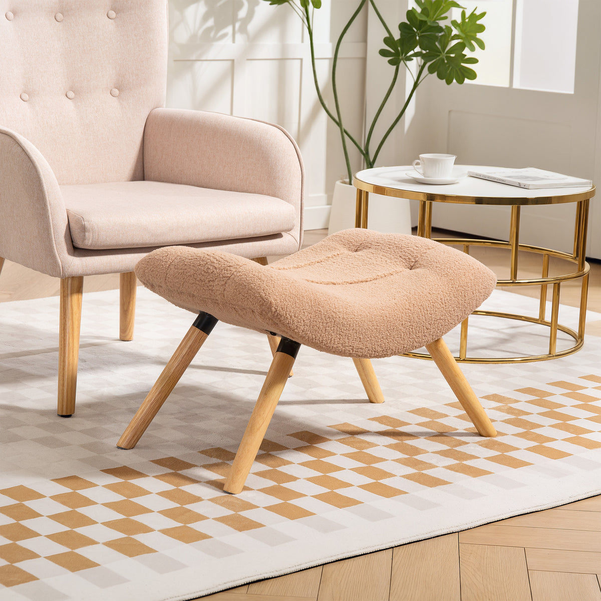 Moderner Fu?hocker mit Fleece-Bezug und Holzbeinen, gepolstert, f¨¹r Wohnzimmer, Schlafzimmer, Flur, Braun