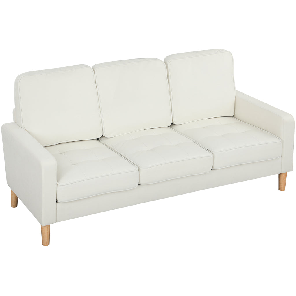 3-Sitzer-Sofa mit dicken Kissen, Kautschukholz, Stoffbezug, Polstersofa f¨¹r Wohnzimmer, B¨¹ro, Schlafzimmer, Cremewei?