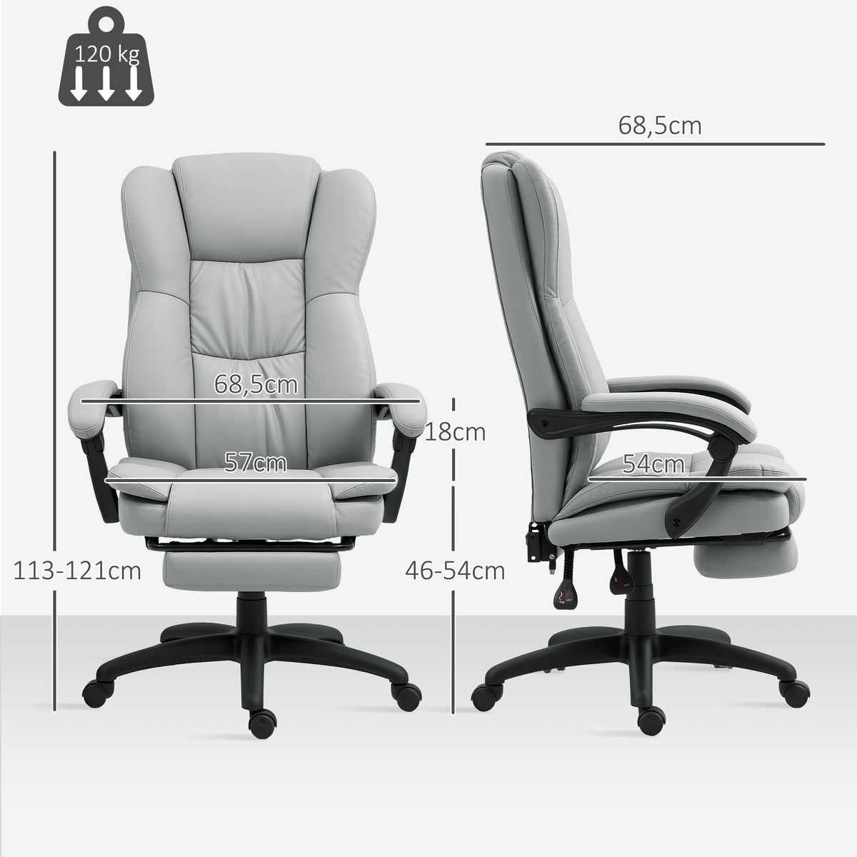 Verstellbarer Drehstuhl mit Fu?st¨¹tze, Kopfst¨¹tze, Massagefunktion, Kunstleder, 68,5x68,5x113-121cm