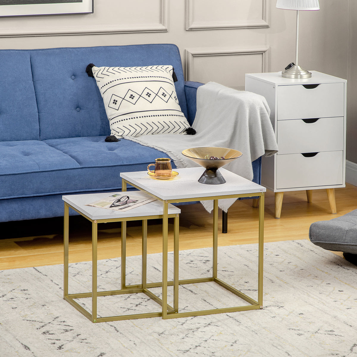 2er-Set Beistelltische, stapelbare Beistelltische, Tischplatte in Marmoroptik, Gold + Wei?