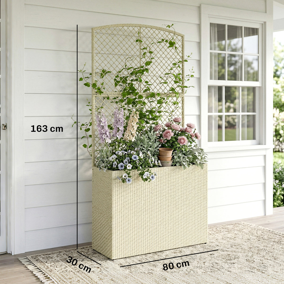 Hochbeet mit Rankgitter in Rattan-Optik Pflanzkasten für Kletterpflanzen für Garten, Balkon, 80 x 30 x 163 cm, Beige