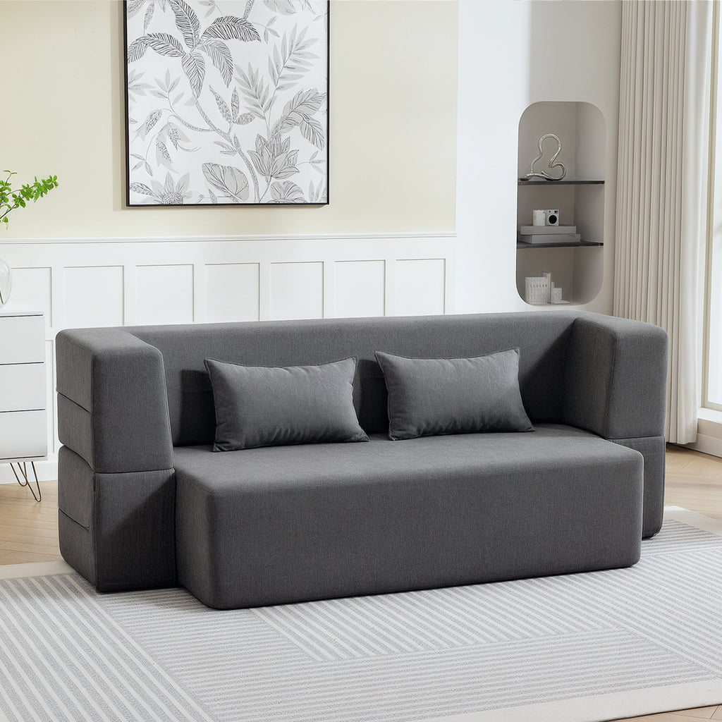 2-Sitzer-Schlafsofa aus Schaumstoff, Schlafcouch mit breiten Armlehnen, 2 Kissen, 360 kg Belastbarkeit, Grau
