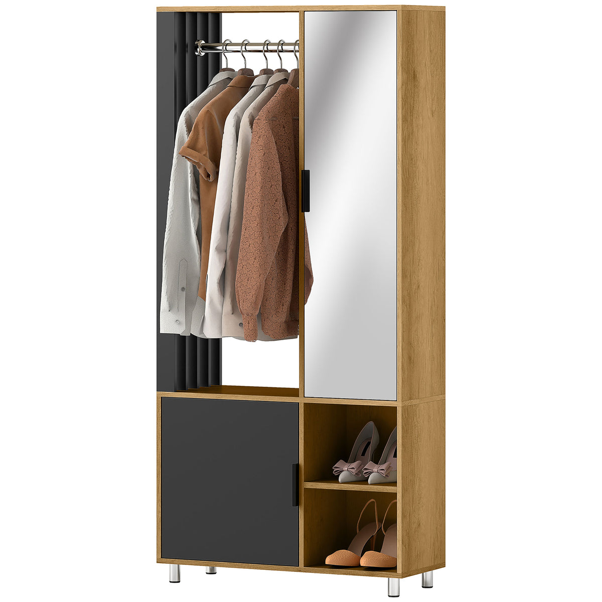 Kleiderschrank mit Spiegel und H?ngestange, Aufbewahrungsf?cher, offene Ablagefl?chen, Naturholz, Schwarz