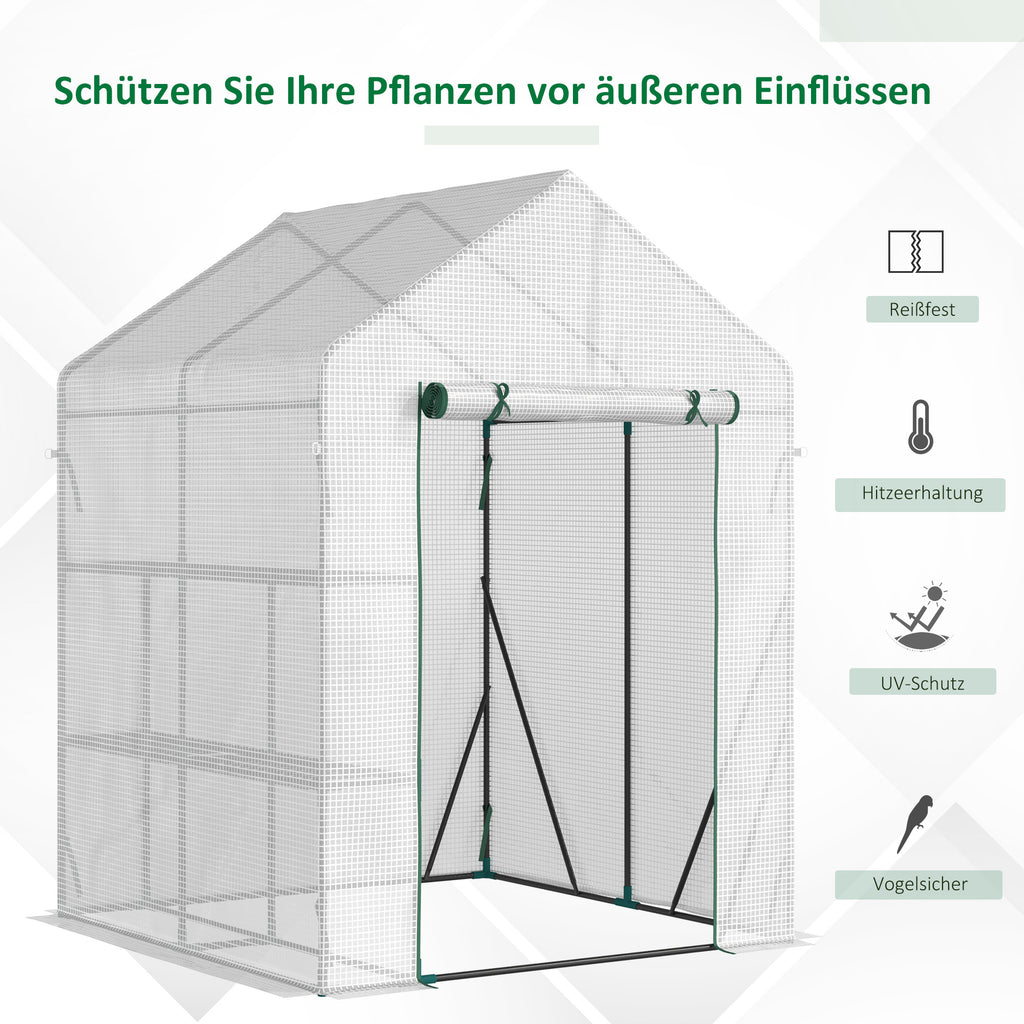  Walk In Greenhouse with 2 Tier Shelf, Portable Gardening Plant Grow House Tomato Greenhouse with Roll up Zip Panel Door, Reinforced PE Cover, 143 x 143 x 195cm, Green